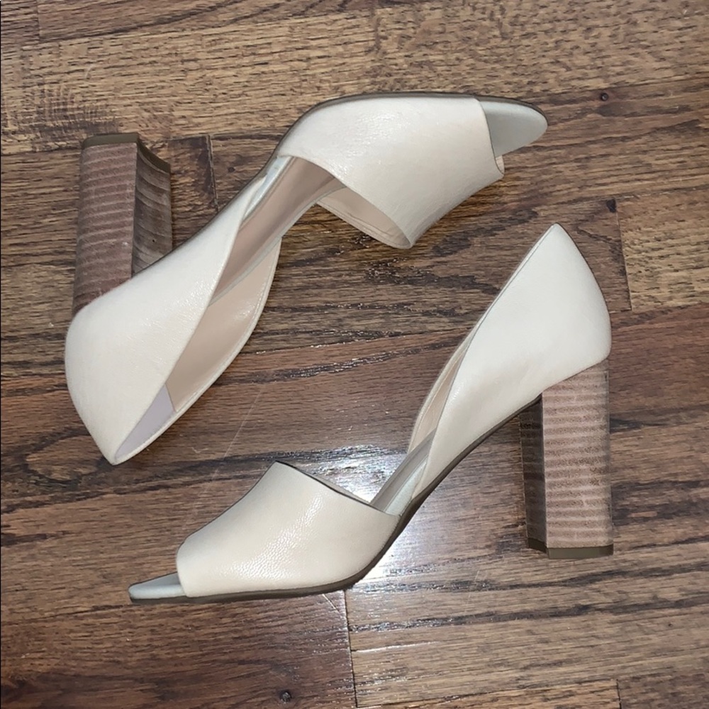 Franco Sarto cream shoes with thick, brown heel